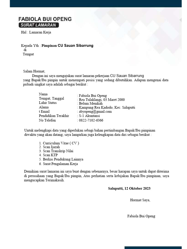 Contoh Surat Lamaran Untuk Pariwisata | PDF