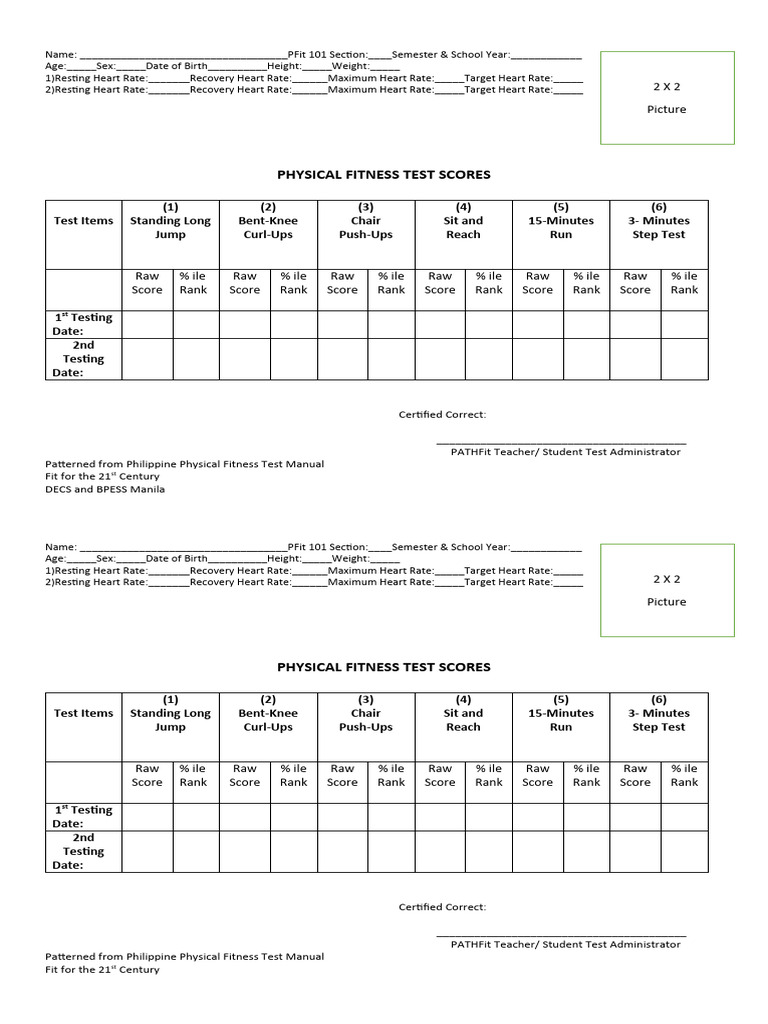 Physical Fitness Test Score Sheet PDF