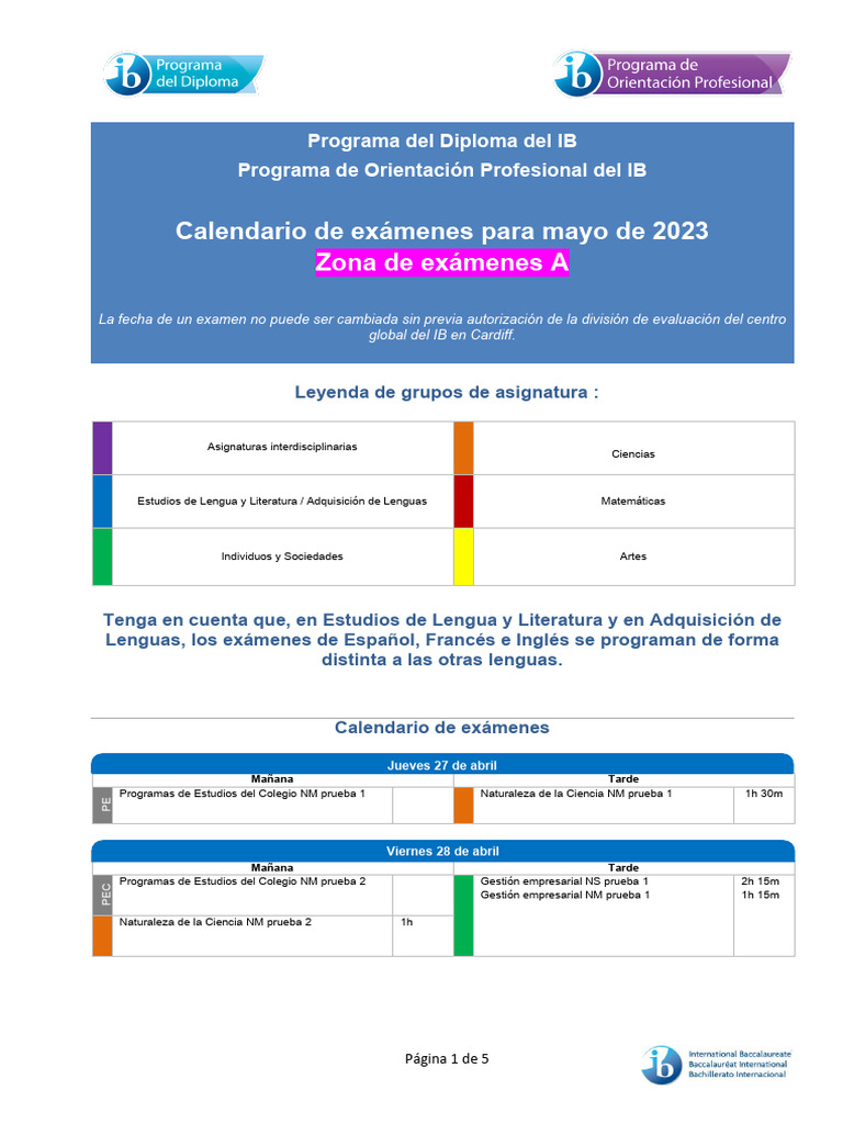 Calendario de Exámenes IB Mayo 2023 | PDF