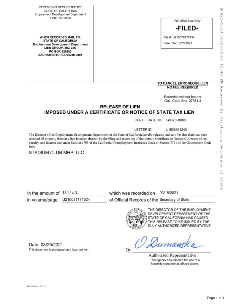 Filed-: Release of Lien Imposed Under A Certificate or Notice of State ...