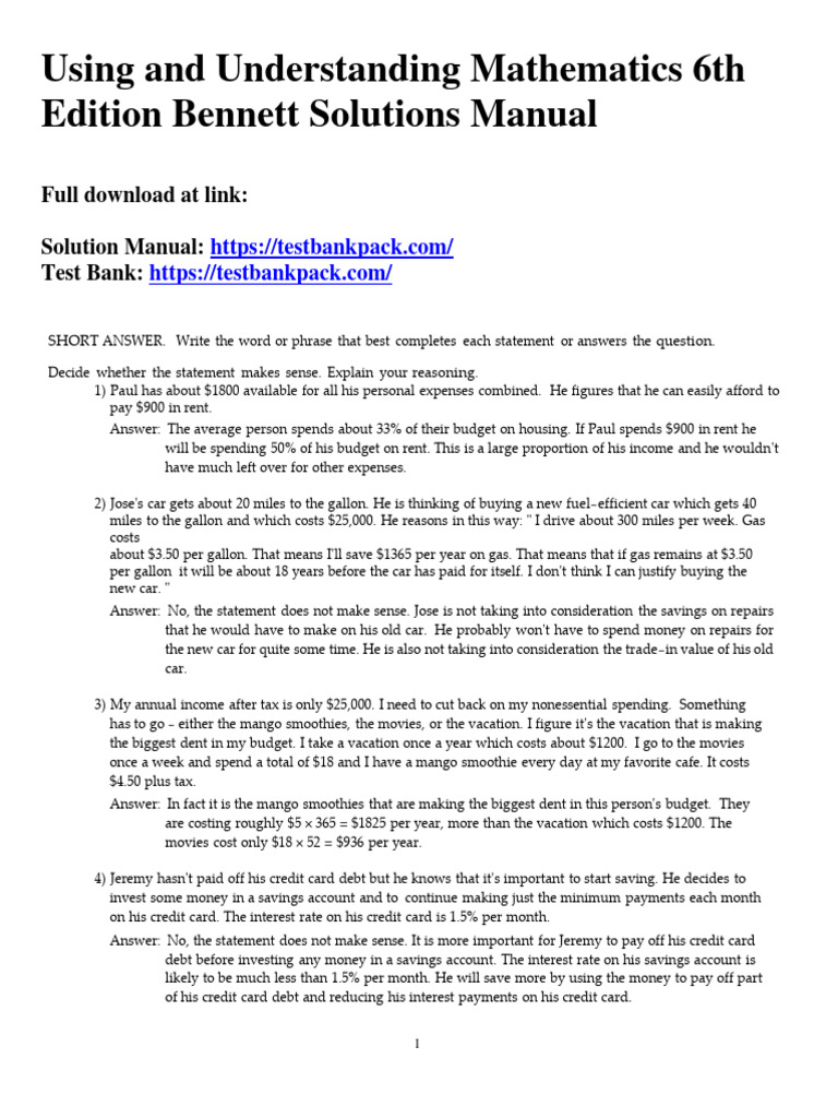 Using and understanding mathematics 6th edition bennett test bank 1 pdf