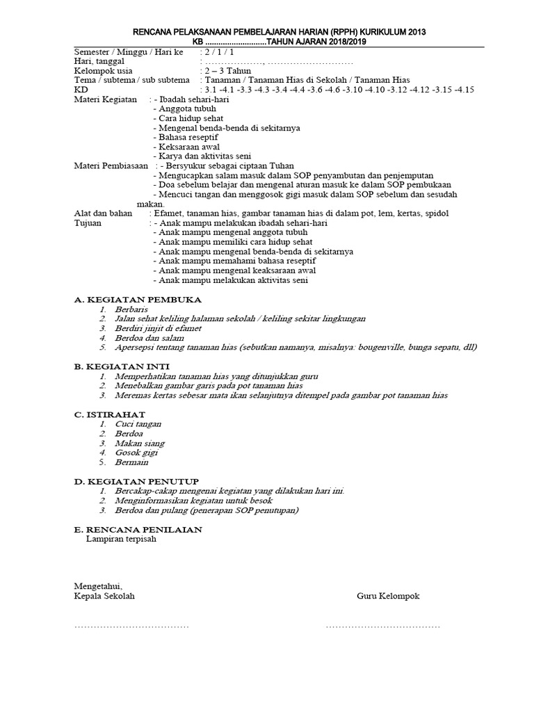 RPPH PAUD Usia 2-3 Tahun Semester 2 | PDF
