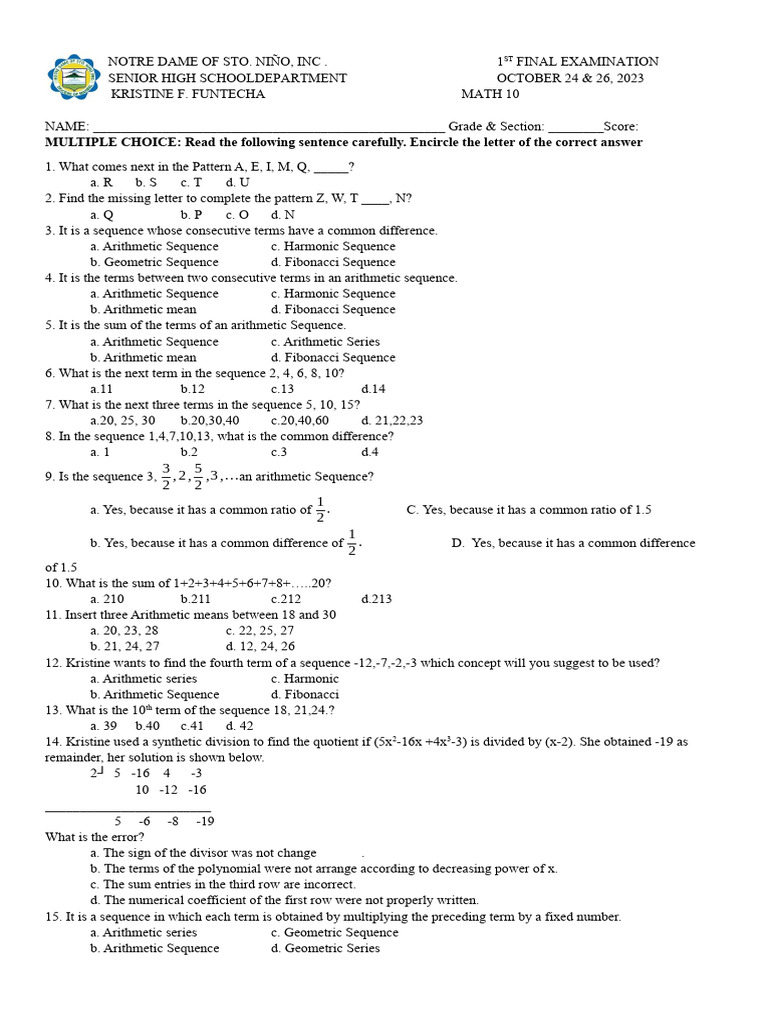 FINAL Exam MATH10 PDF
