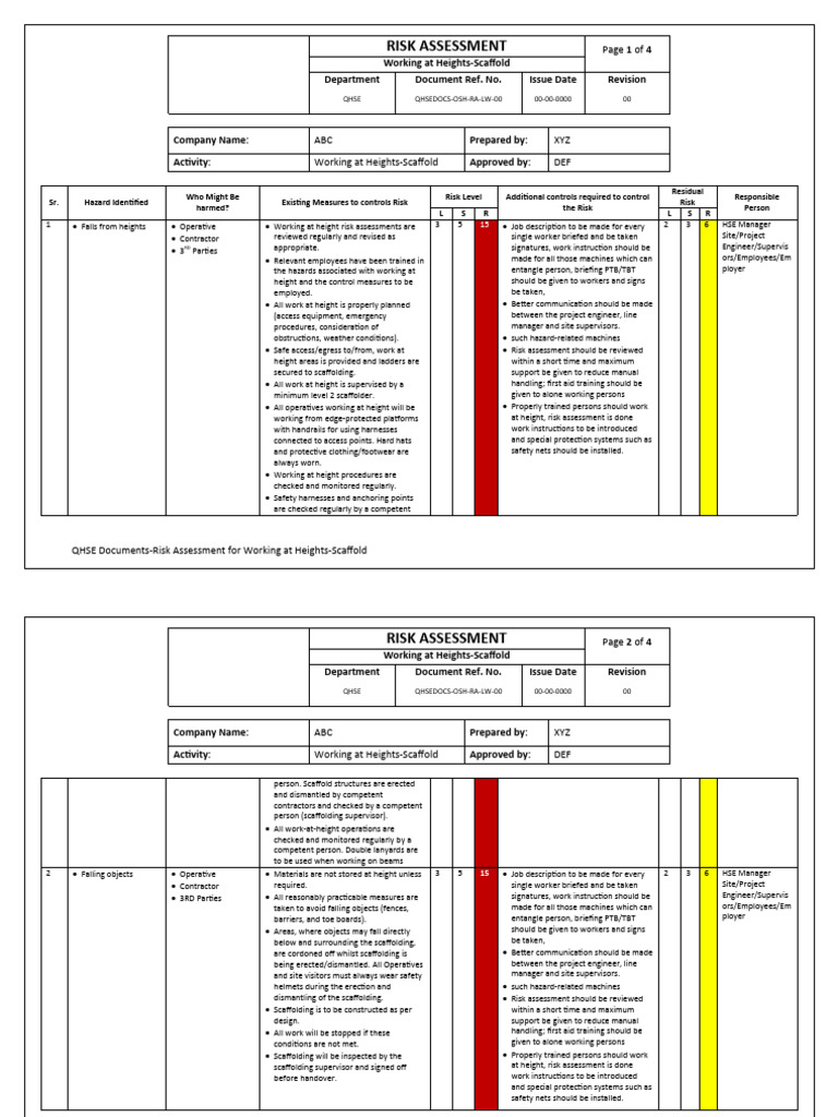 Qhse documents risk assessment for working at heights scaffold pdf