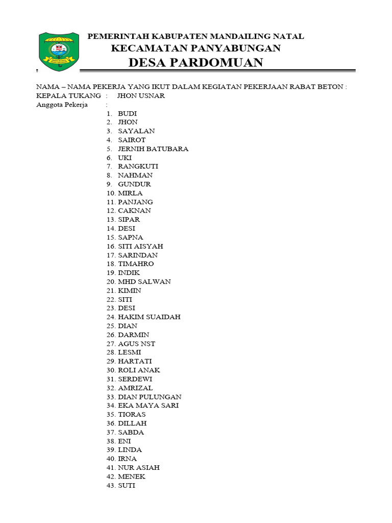 Nama - Nama Pekerja Yang Ikut Dalam Kegiatan Pekerjaan Rabat Beton | PDF