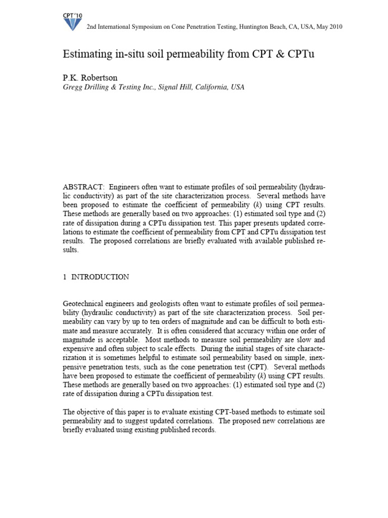 Roberstson 2010 - Estimating In-Situ Soil Permeability From CPT & CPTu ...