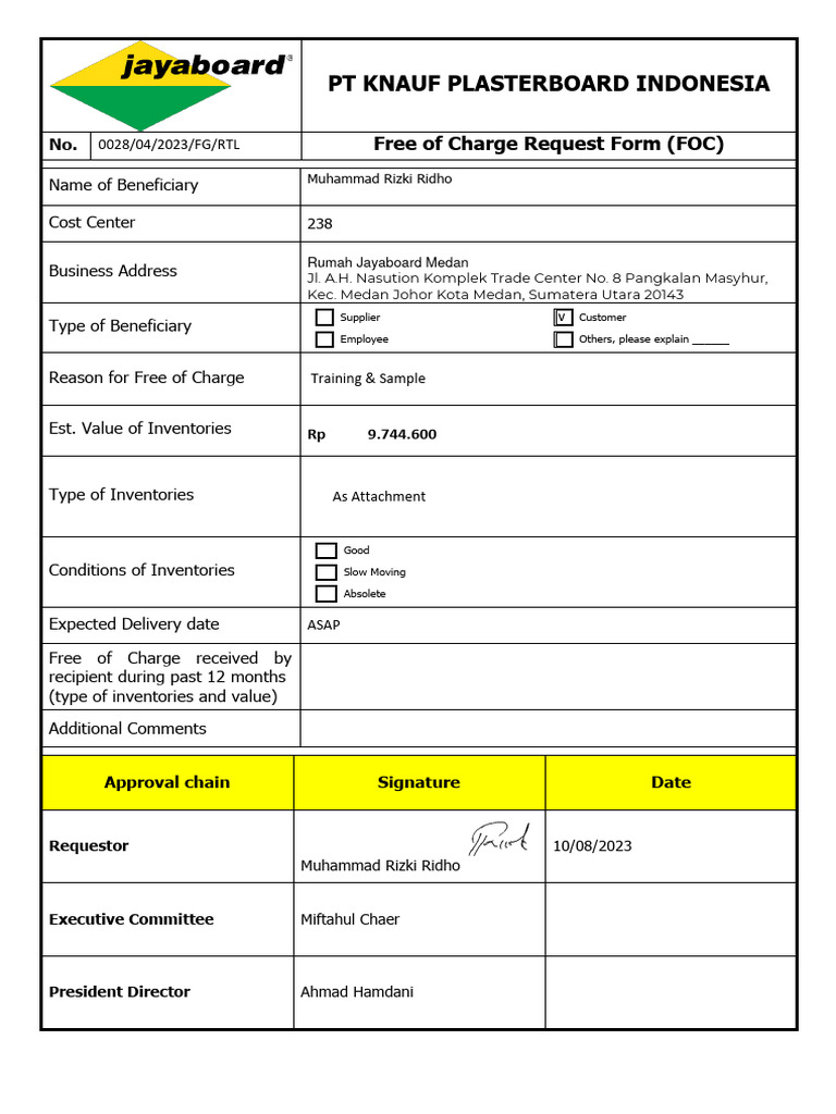 Free of Charge Request Form Details | PDF