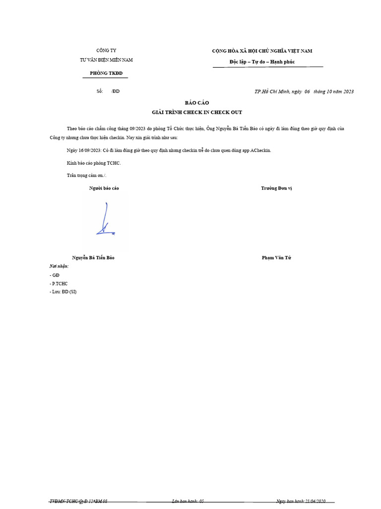 Giải trình checkin, checkin PDF