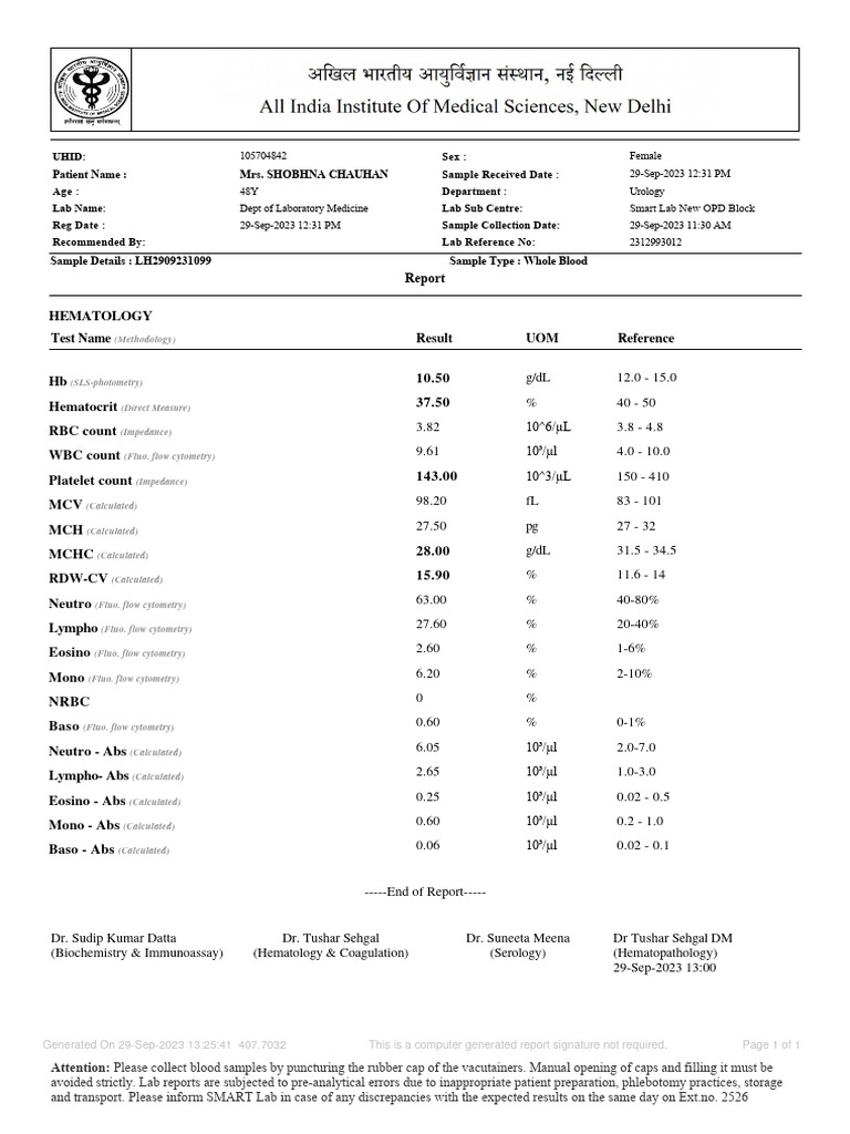 Hematology Test Results for Patient | PDF