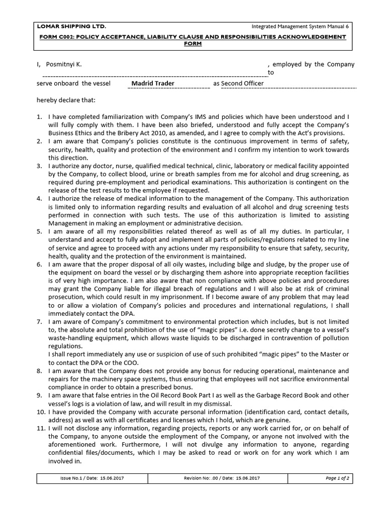 Form C002 POLICY ACCEPTANCE - MLC | PDF