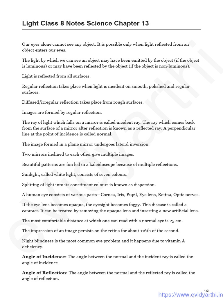 Notes Class 8 Science Chapter 13 | PDF | Reflection (Physics) | Eye