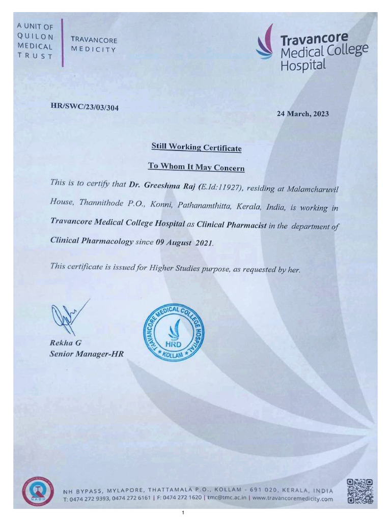 Still Working Certificate Greeshma PDF