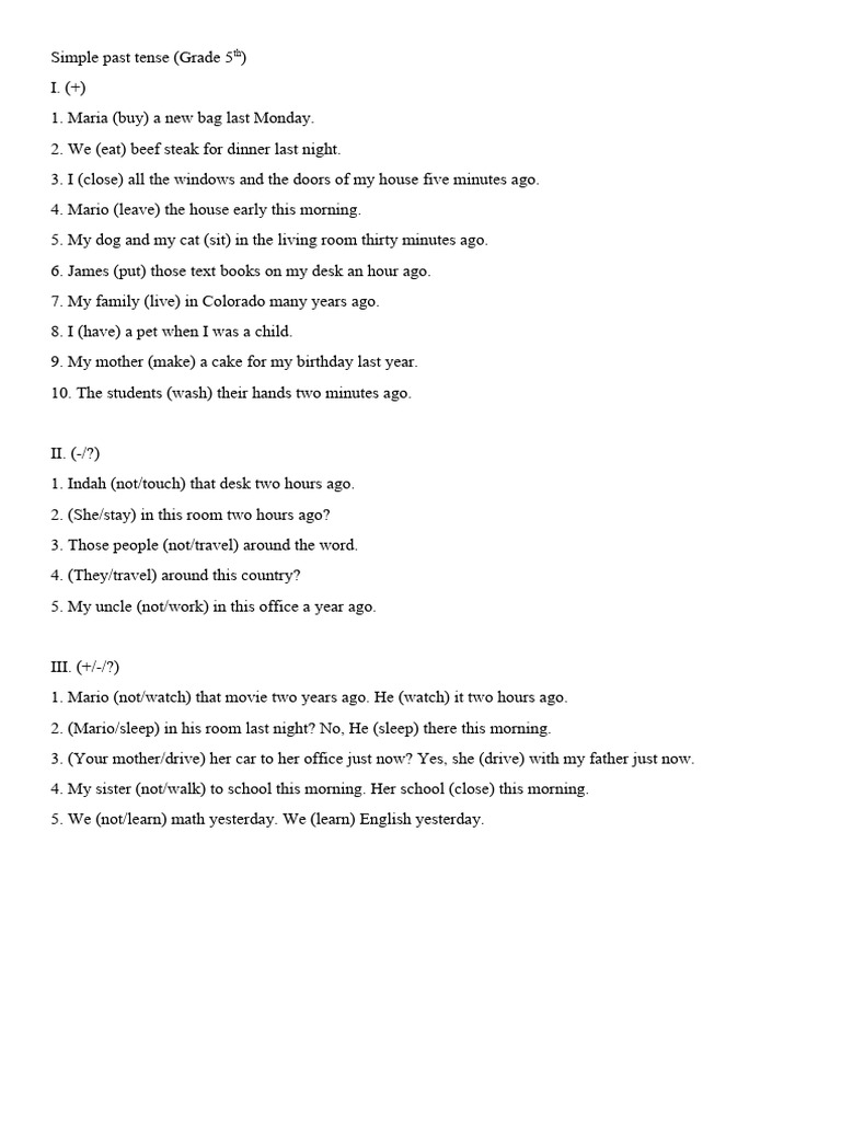Simple Past Tense Exercises for 5th Grade | PDF