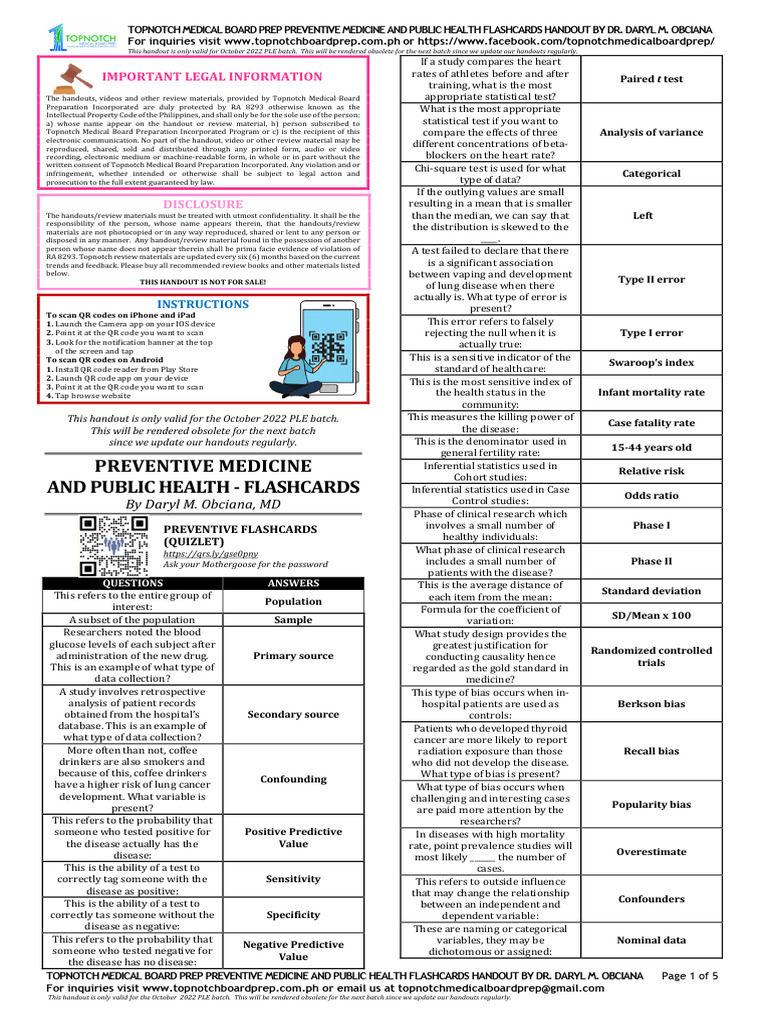 A12-PREVMED-FLASHCARDS-OCT-2022 | PDF | Infection | Clinical Trial