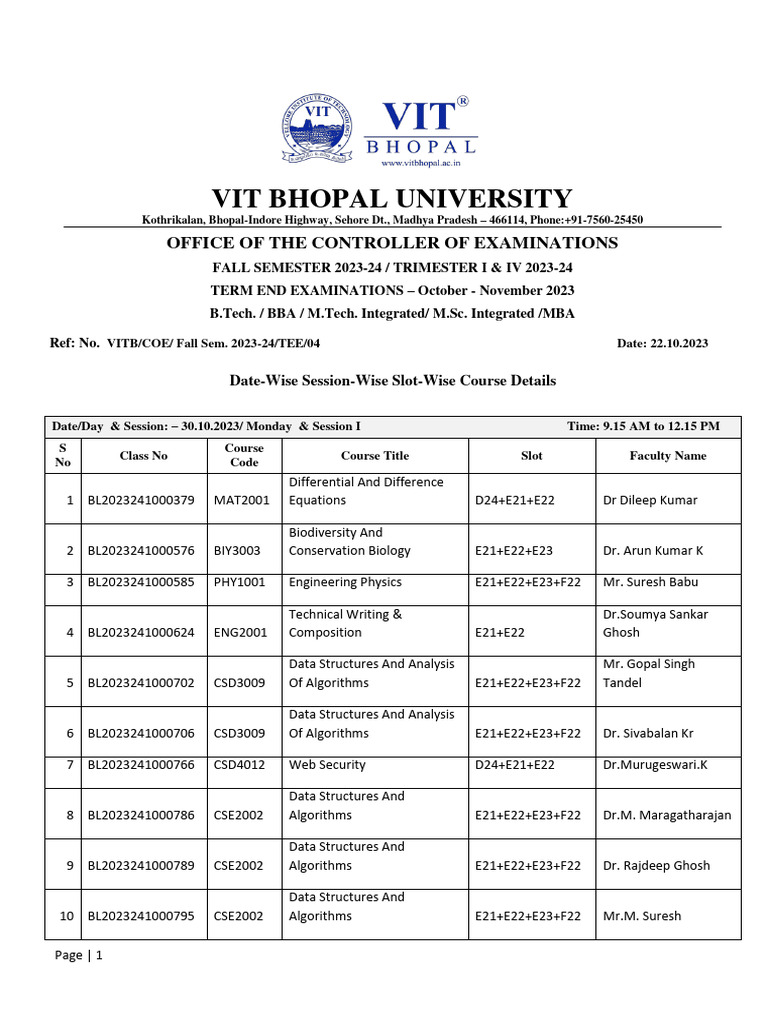 VIT Bhopal Exam Schedule Fall 2023 | PDF