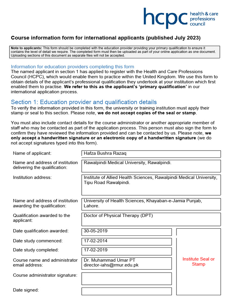 HCPC Course Information Form PDF