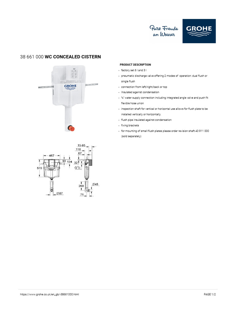 GROHE 38661000 Réservoir De Chasse WC Argent - Mécanisme Pneumatique NF, Volume Réglable 6-9L Avec Trappe De Visite