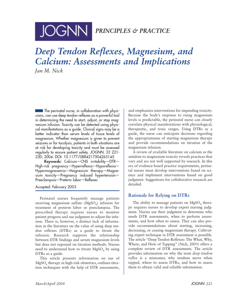 Deep Tendon Reflexes, Magnesium, and Calcium Assessments and