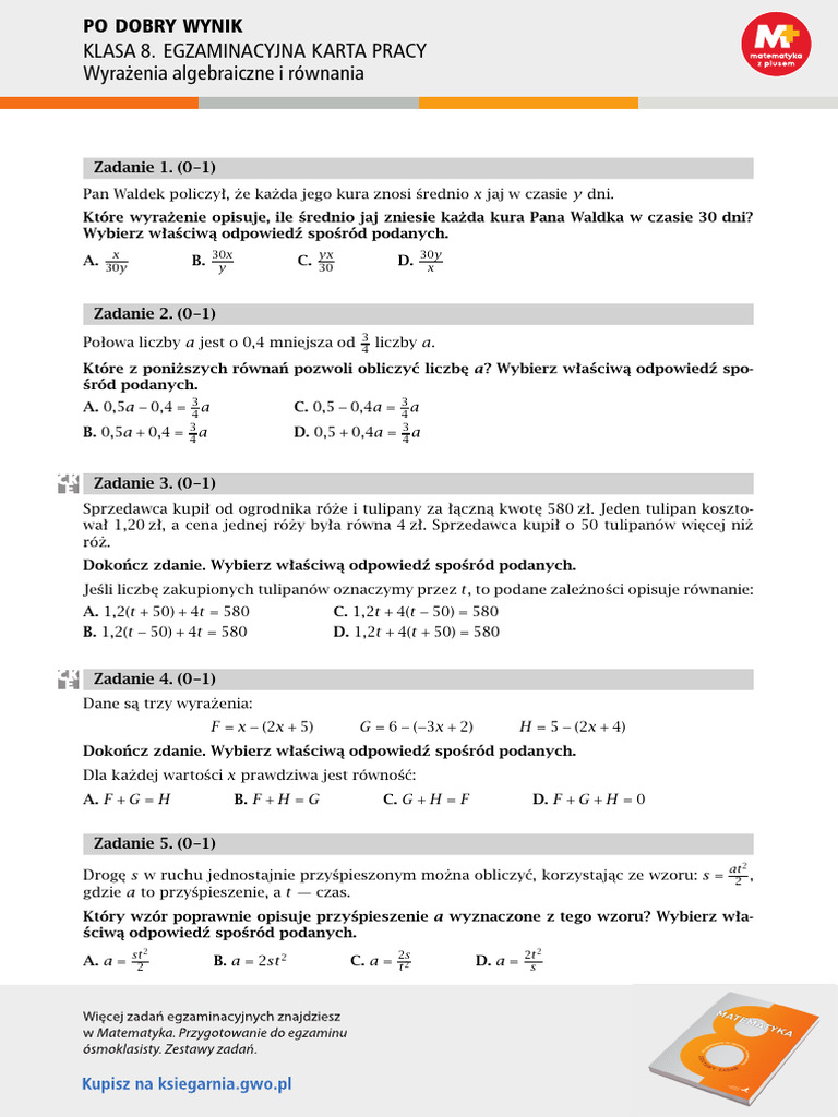 Wyrażenia Algebraiczne I Równania Klasa 8 Sprawdzian Pdf Po Dobry Wynik - Klasa 8 - Wyrazenia Algebraiczne I Rownania - Zadania