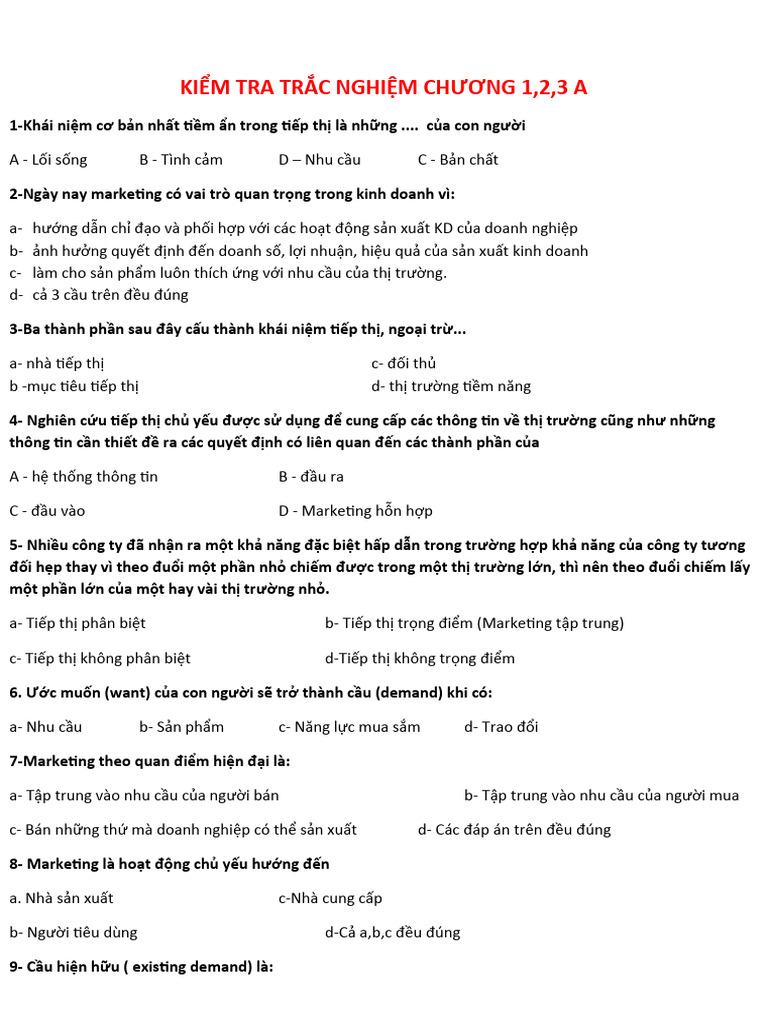 KIỂM TRA TRẮC NGHIỆM CHƯƠNG 1,2,3 | PDF
