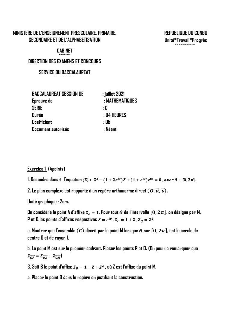 Sujet Bac C 2021 Mathématiques | PDF
