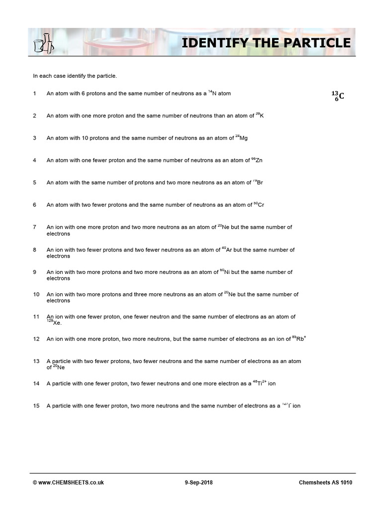 Chemsheets AS 1010 Identify The Particle | PDF | Atoms | Proton