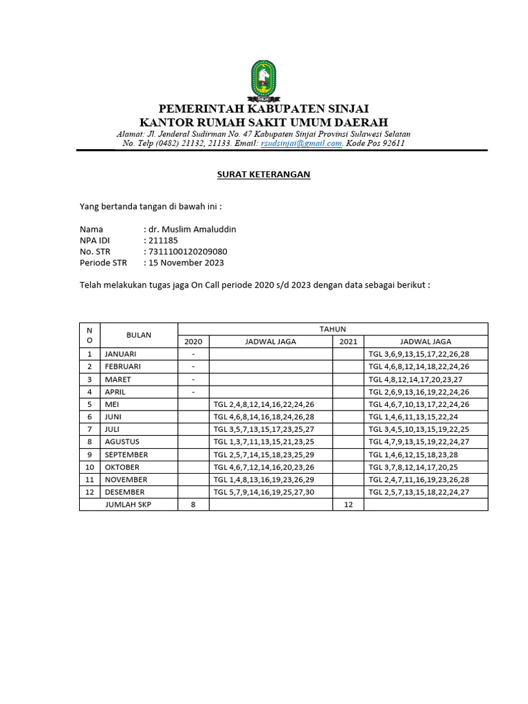 Surat Keterangan Jaga On Call 2020-2023 | PDF