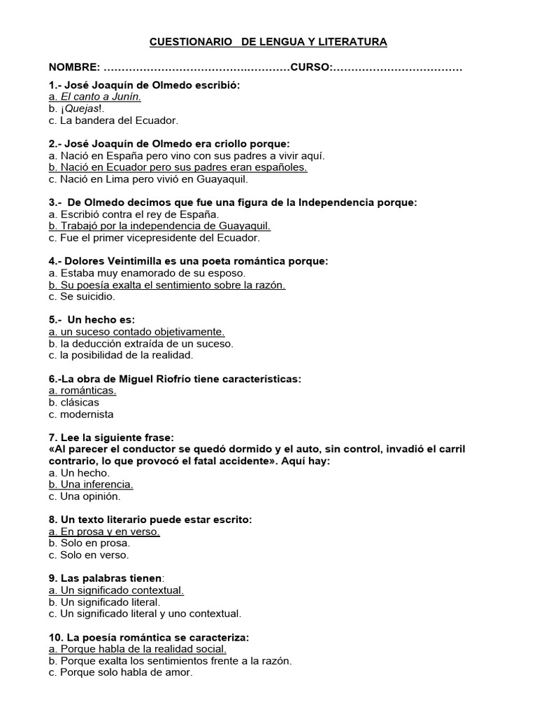 CUESTIONARIO DE LENGUA Y LITERATURA 3ero A | PDF