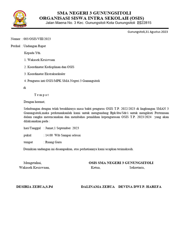 Surat Undangan Rapat Osis | PDF