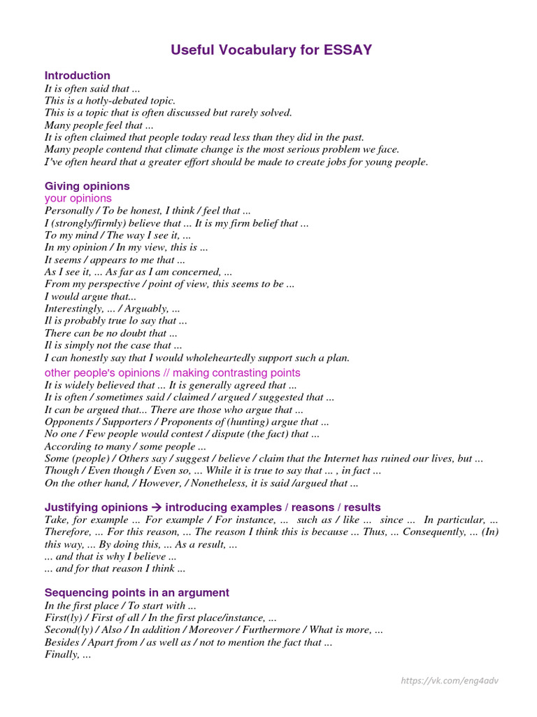 Useful Vocabulary For ESSAY | PDF | Reason