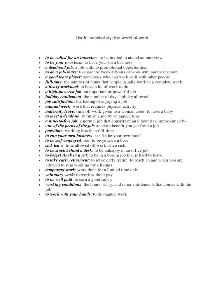 Useful Vocabulary - The World of Work | PDF