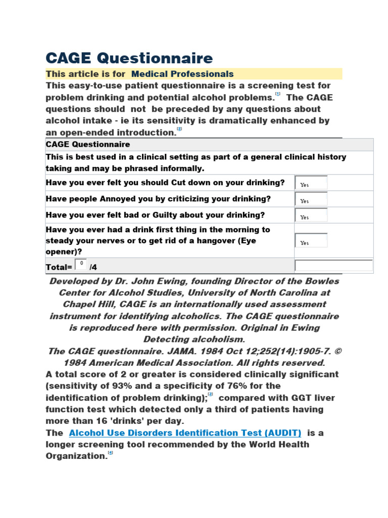 CAGE Questionnaire PDF Alcoholism Sensitivity And Specificity