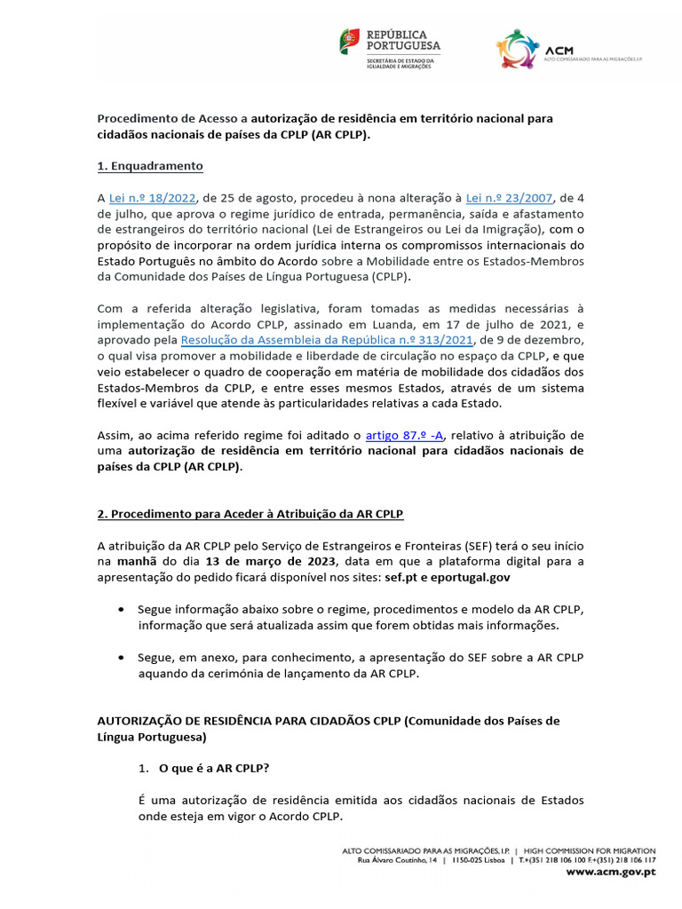 Autorização de Residência CPLP: Guia Prático | PDF | Portugal | Governo
