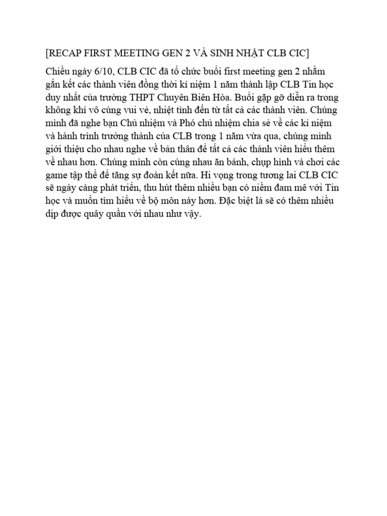 Recap First Meeting Gen 2 Và Sinh Nhật Clb Cic | PDF