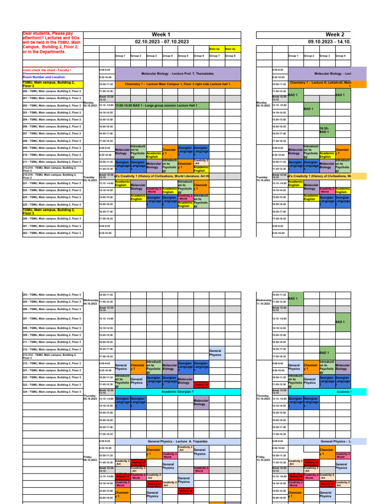 01st Semester Fall General Schedule 2023 2024 Academic Year Groups ...