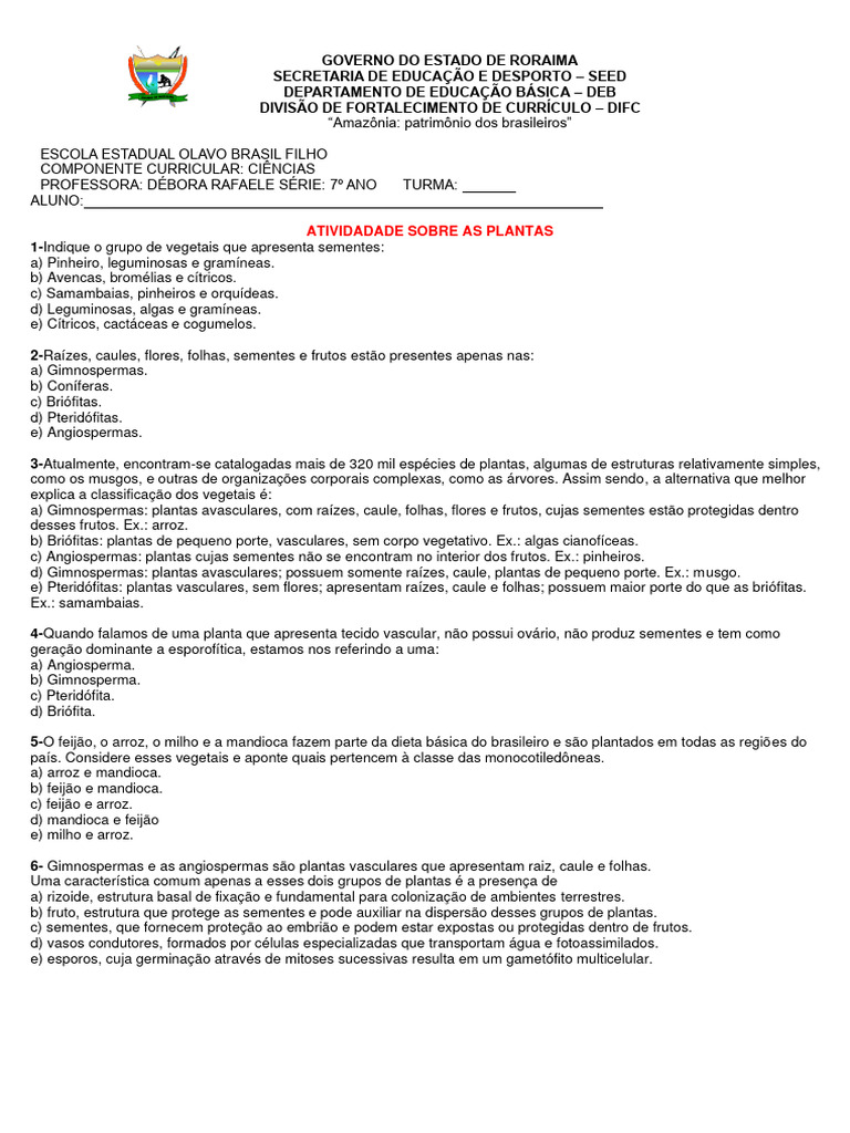 ATIVIDADE 4;BIM SOBRE AS PLANTAS 7°ANO | PDF | Plantas | Semente