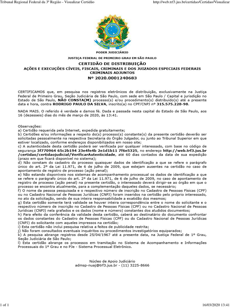 Certidão de Distribuição - Justiça Federal SP | PDF | Ciências Sociais ...