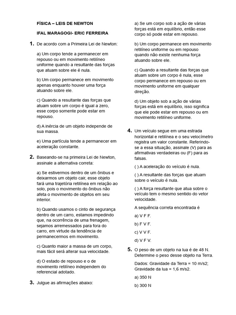 Exercícios Leis de Newton | PDF | Leis do Movimento de Newton | Força