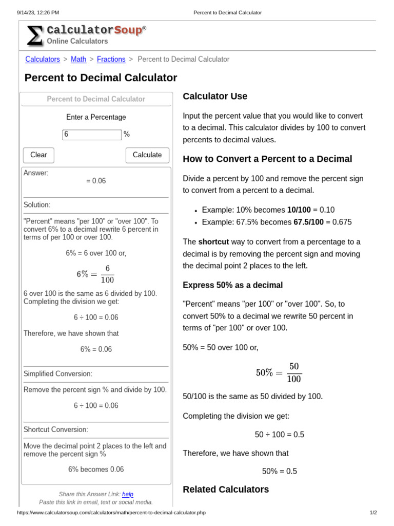 Percent to decimal calculator pdf percentage decimal