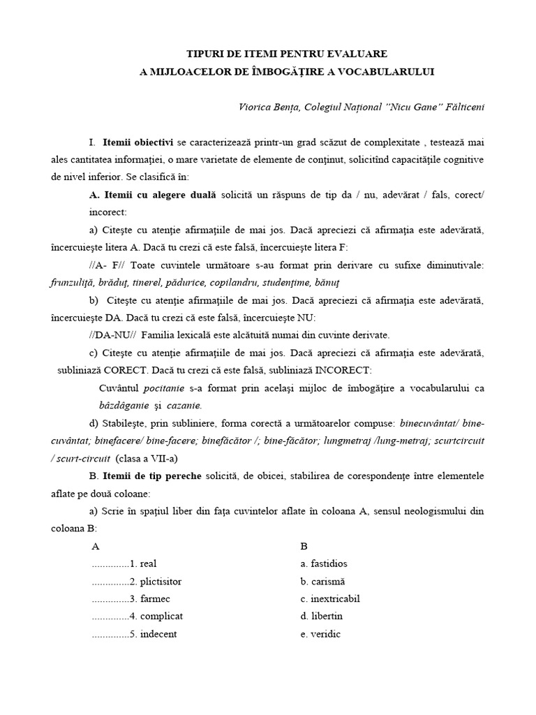 Tipuri de Itemi Pentru Evaluare | PDF