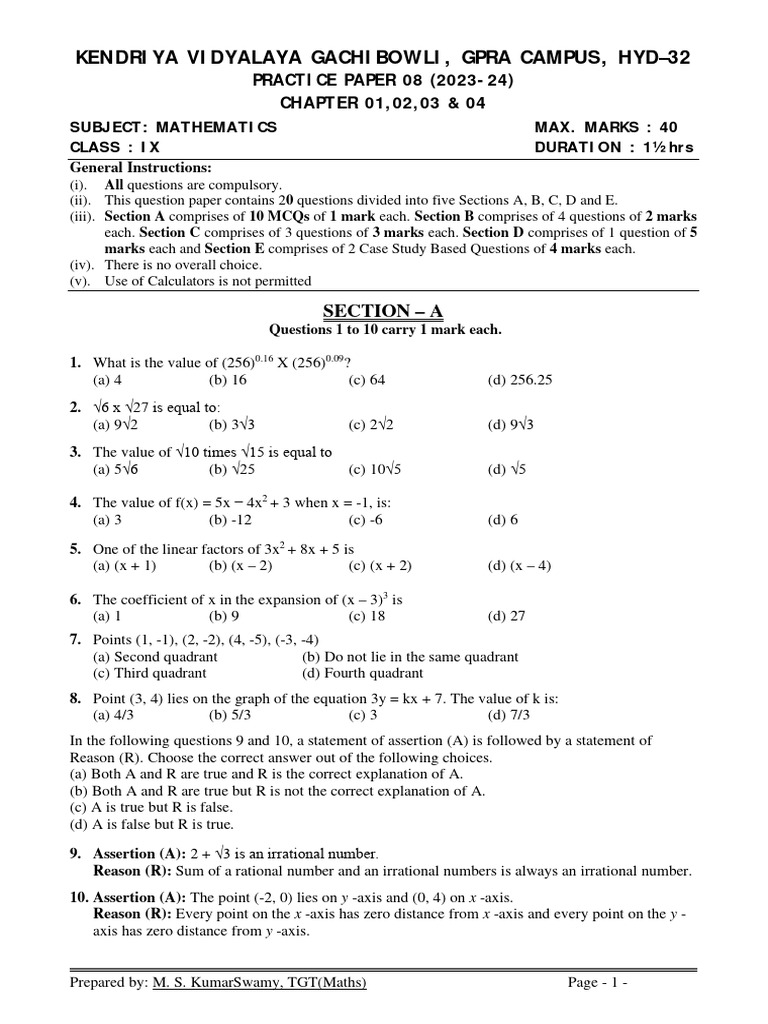 IX Math Practice Paper 2023-24 | PDF
