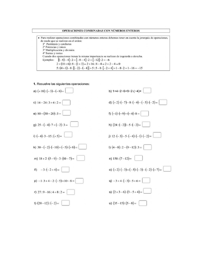 3º Eso Practica De Operaciones Combinadas Con Numeros Enteros Pdf