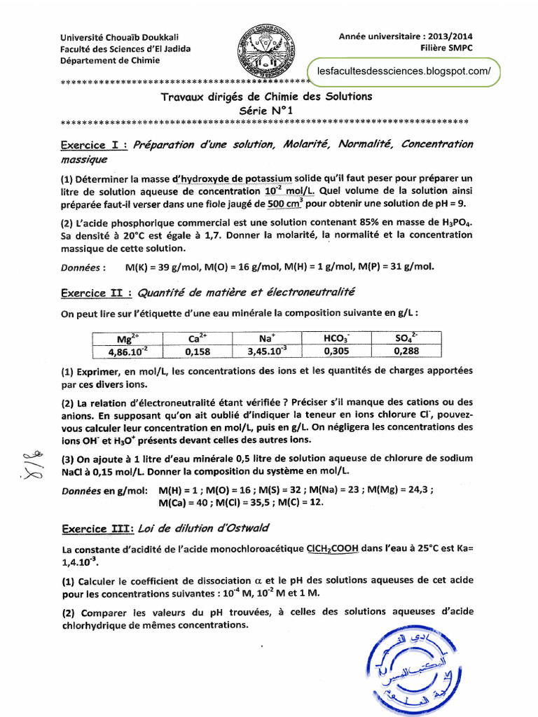 Chimie en Solution Exercice Et Coregge | PDF