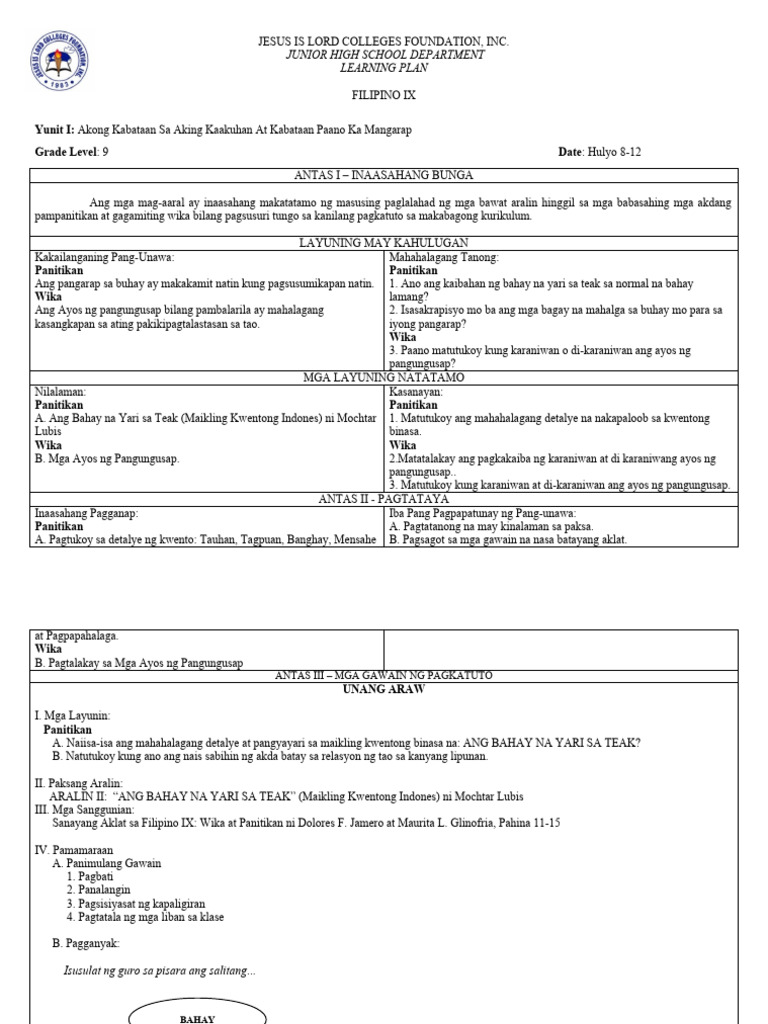 Learning Plan Grade 9 Week 2-3 | PDF