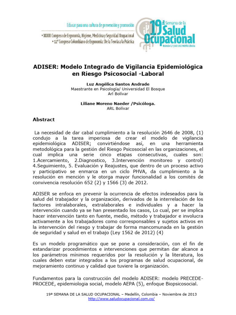 Modelo ADISER en Riesgo Psicosocial | PDF | Seguridad y salud ...
