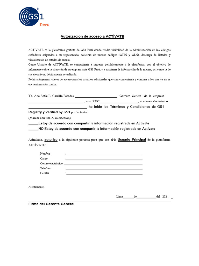 Form Autoriza Acceso Activate Gs1pe (1) | PDF