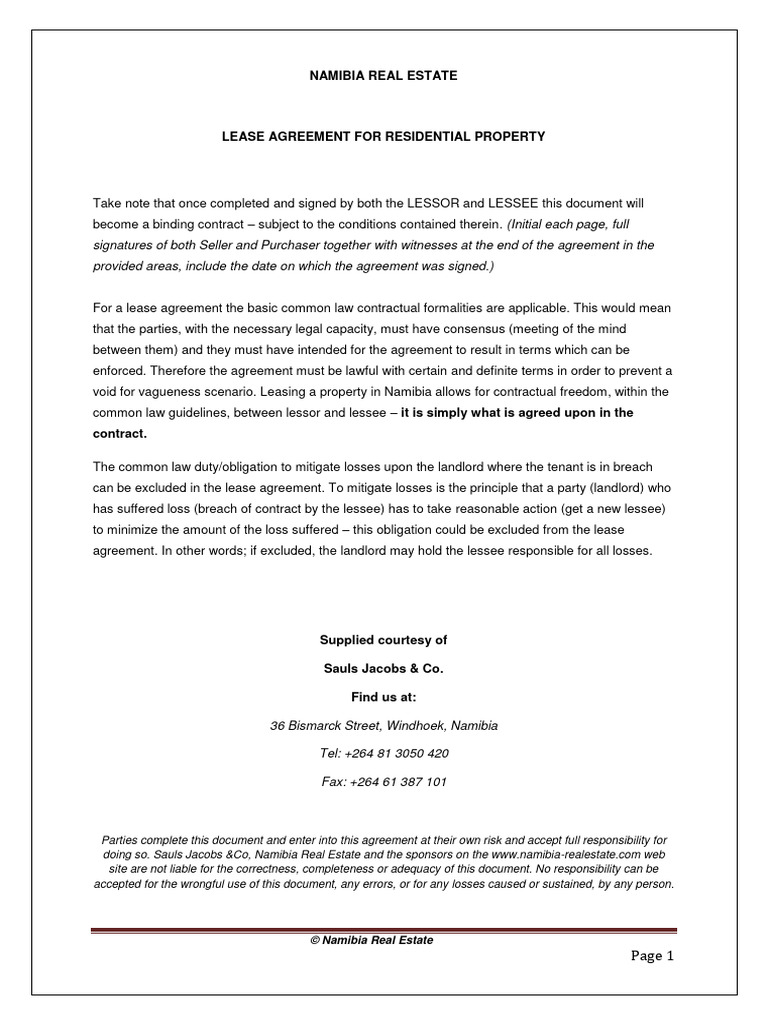 Residential Lease Agreement Namibia | PDF | Lease | Leasehold Estate