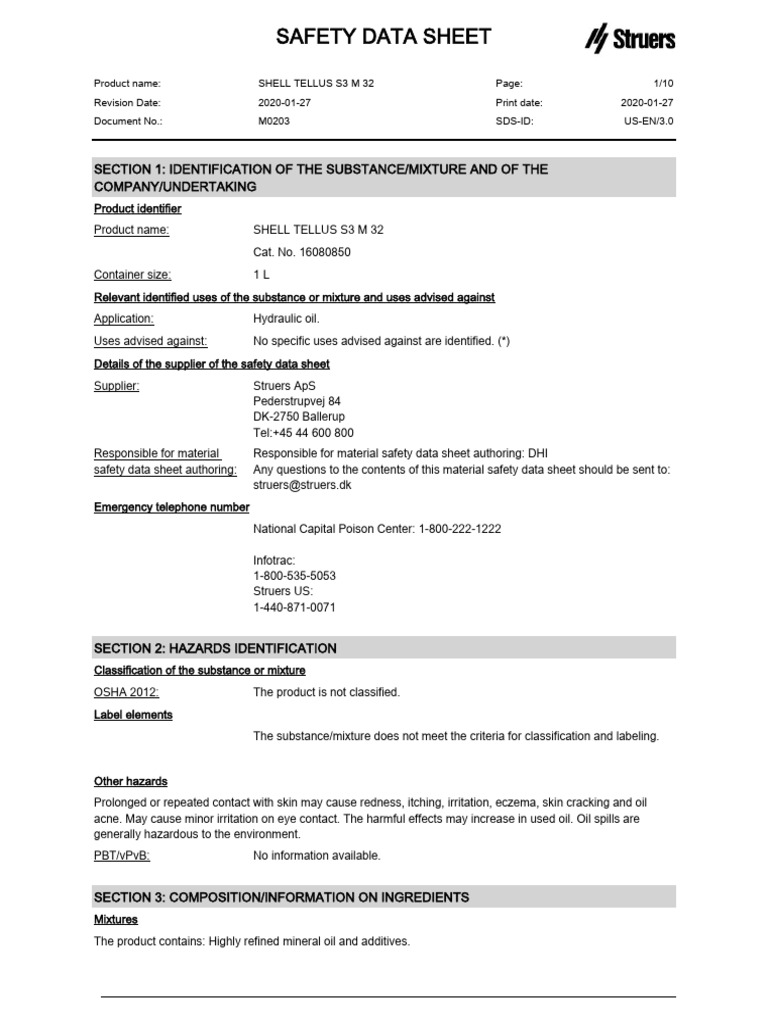 Safety Data Sheet for SHELL TELLUS S3 M 32 | PDF | Toxicity | Dangerous ...
