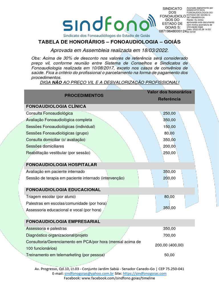 Tabela de Honorários Fonoaudiologia Goiás 2022 | PDF | Voz humana ...