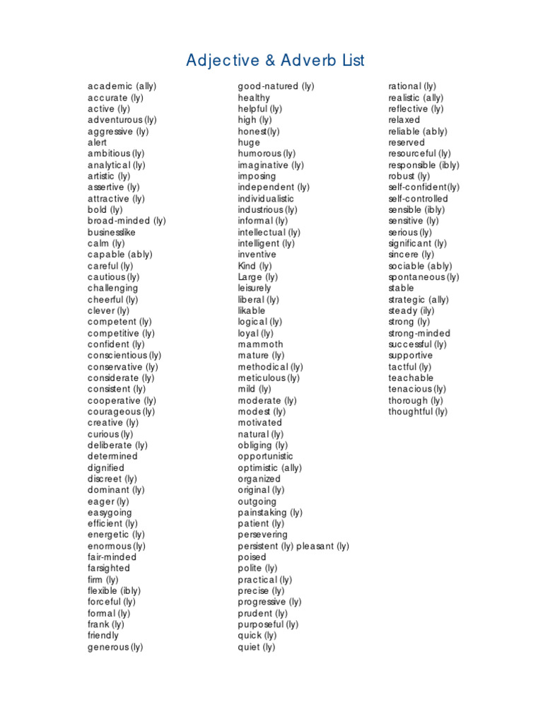 Adjective and Adverb List | PDF